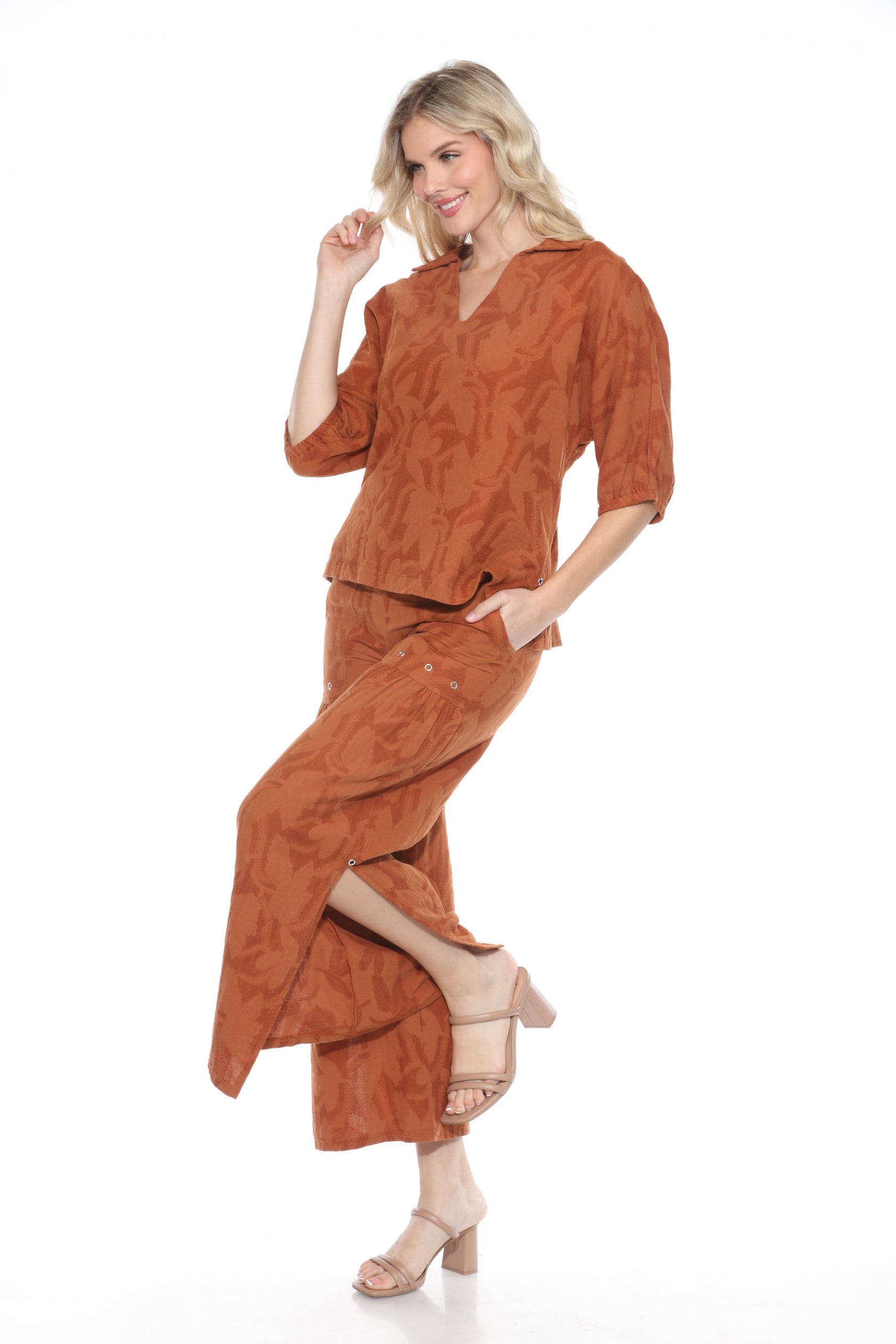 Textured Split Neck Matching Set - Brown - CARINE