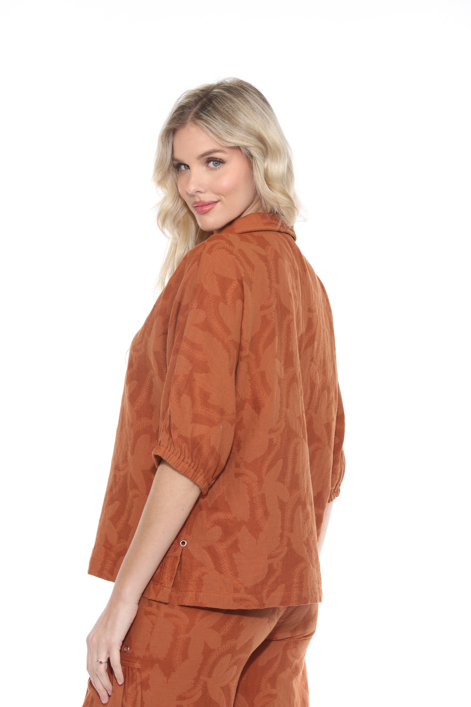 Textured Split Neck Matching Set - Brown - CARINE