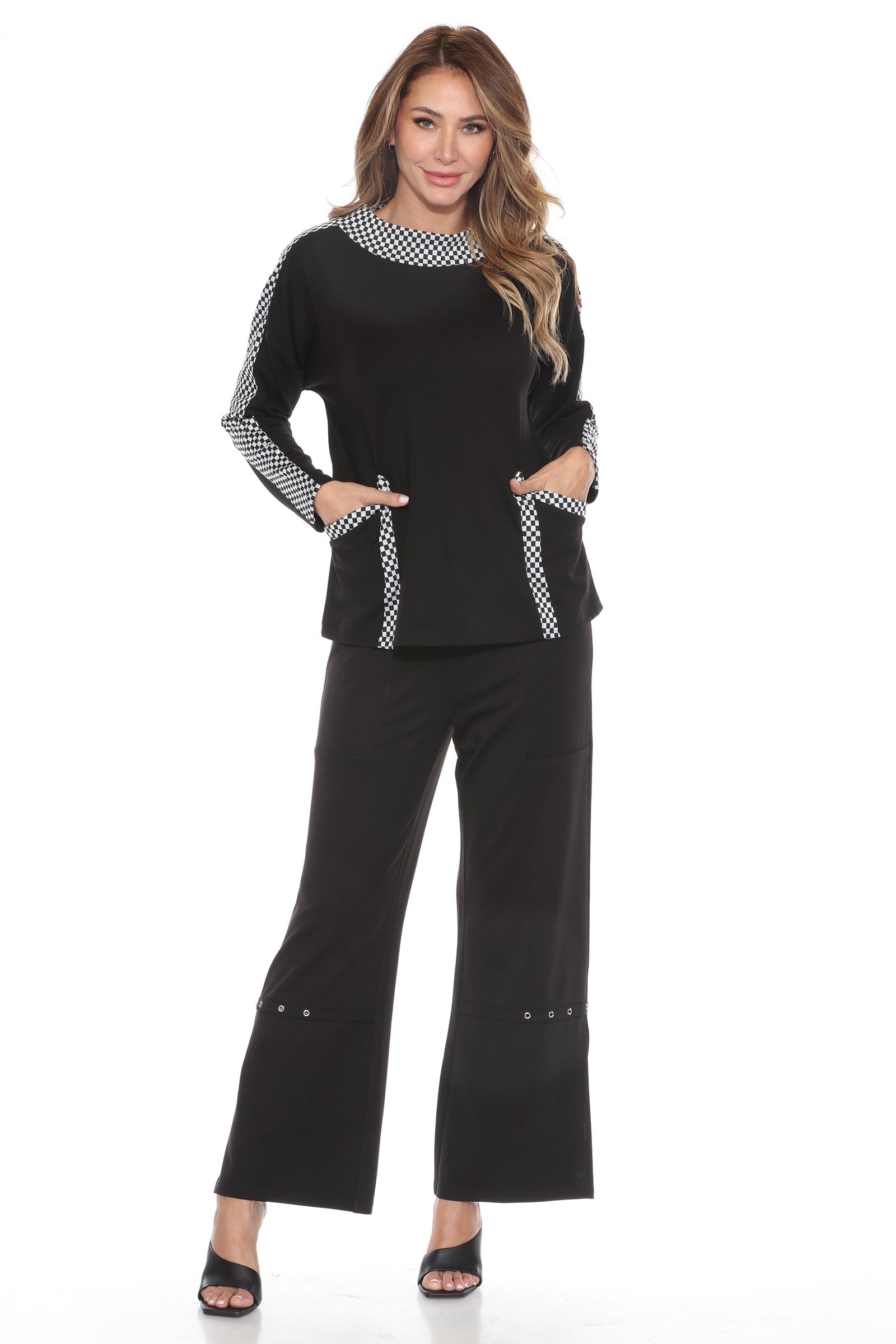 Checker Trim Pullover and Pant Matching Set - Black/White