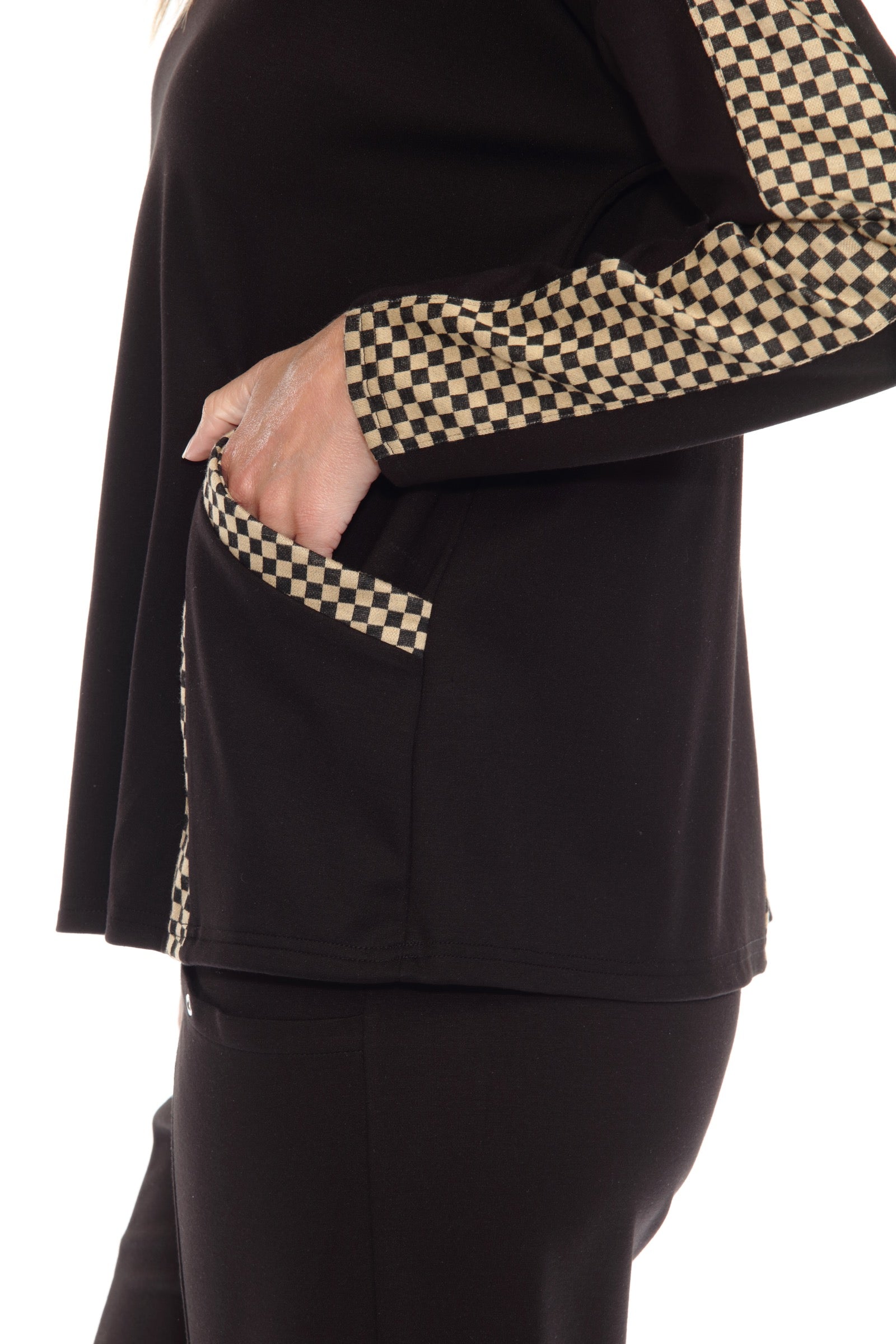 Checker Trim Pullover and Pant Matching Set - Black/Tan