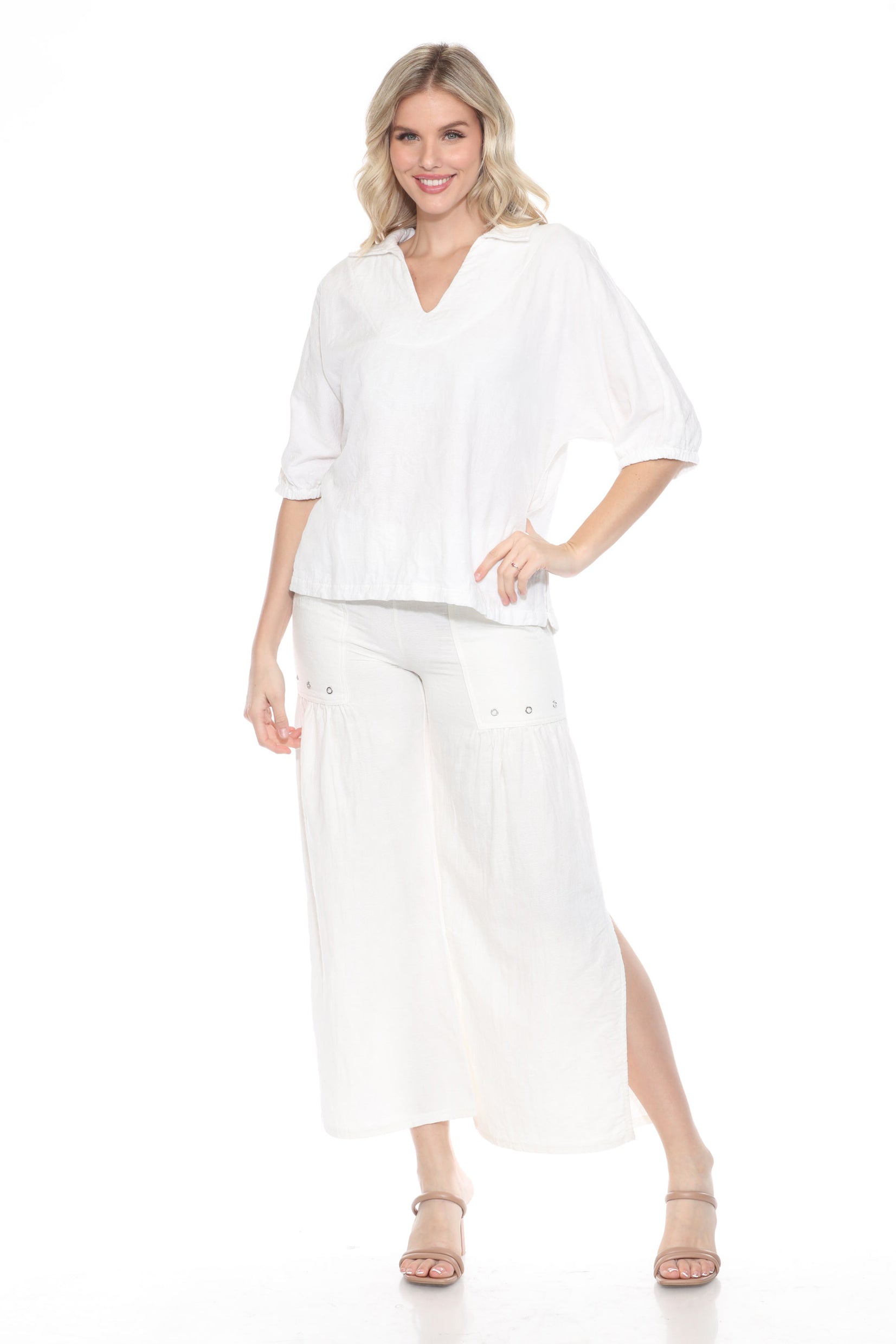 Textured Split Neck Matching Set - Ivory