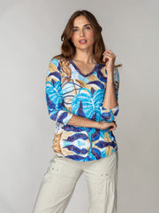 V-Neck Top - Blue Botanica