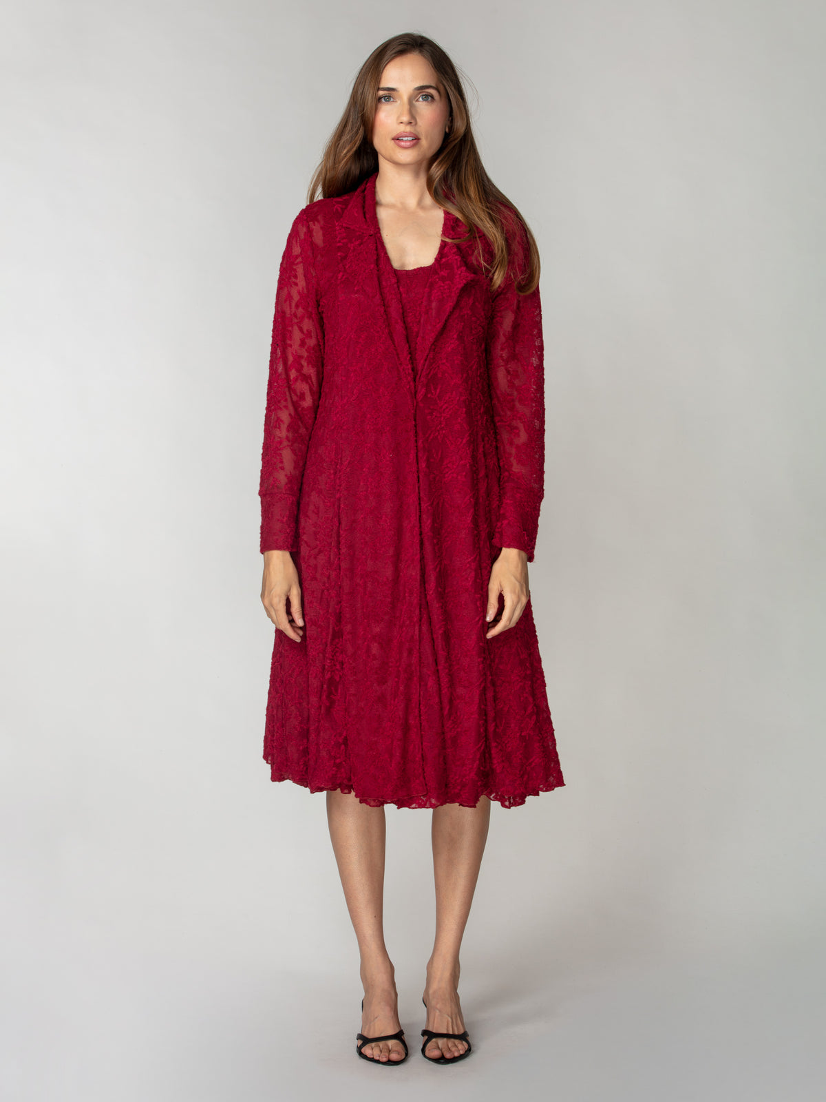 Textured Lace Dress & Duster Set - Wine