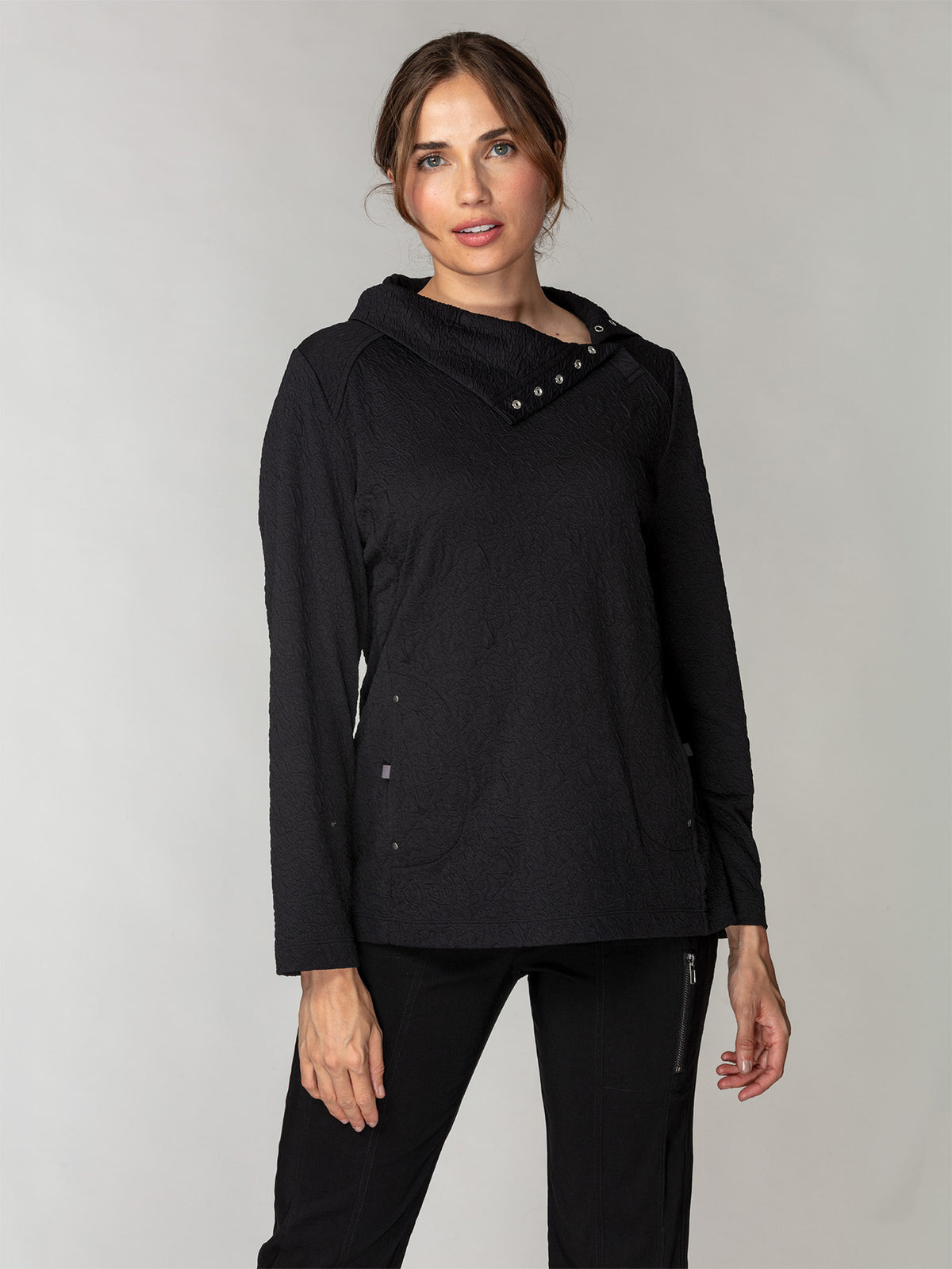 Embossed Snap-Collar Pullover