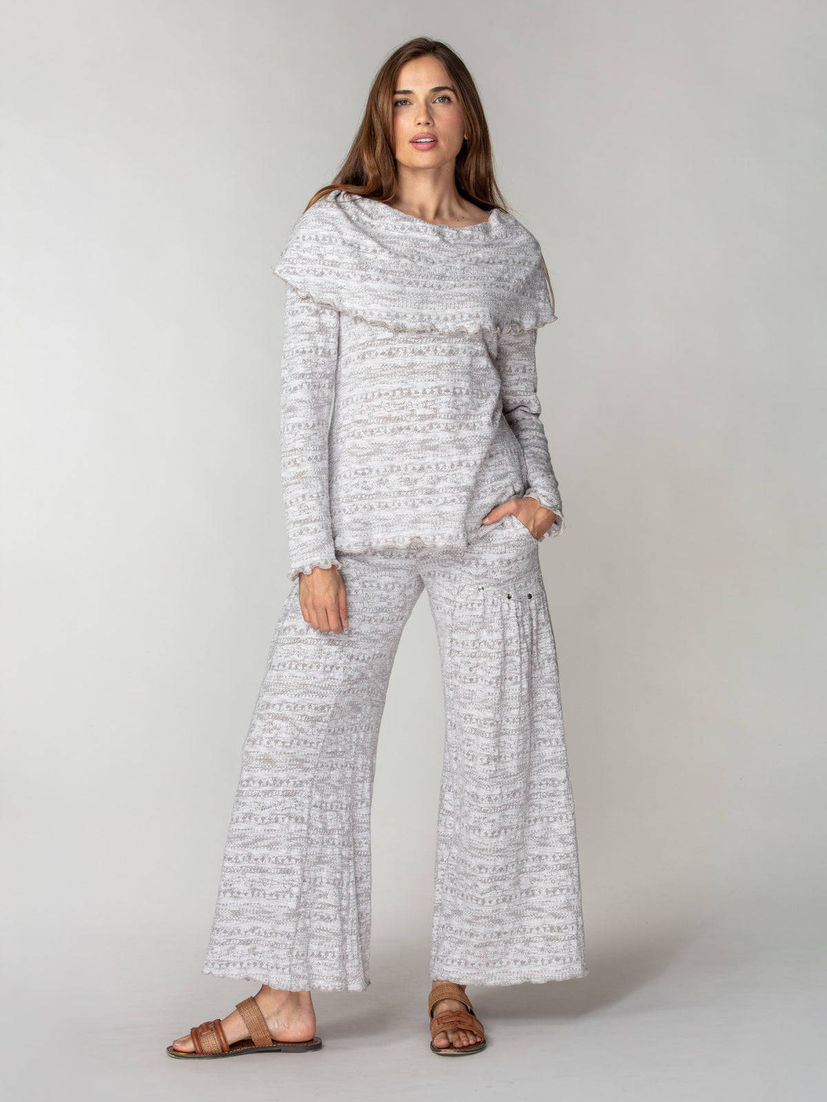 Jacquard Knit Drape-Neck Pullover