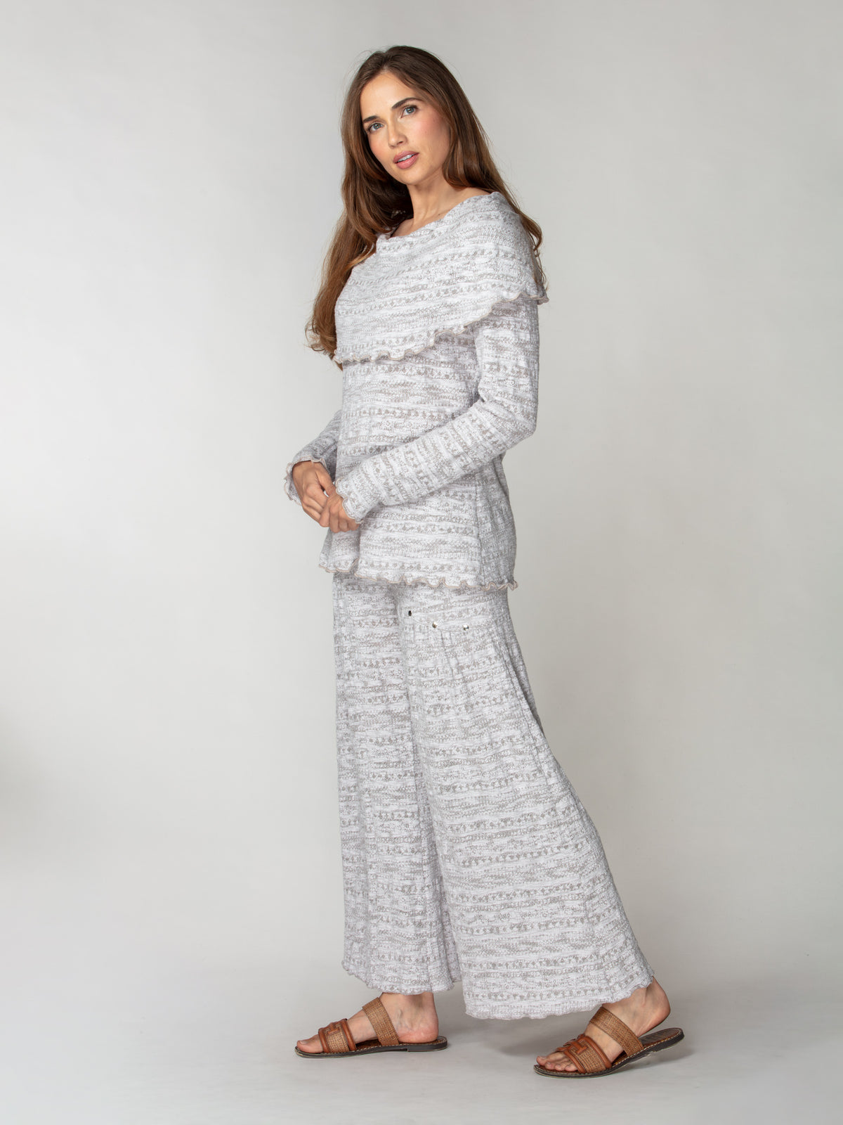 Jacquard Knit Drape-Neck Pullover