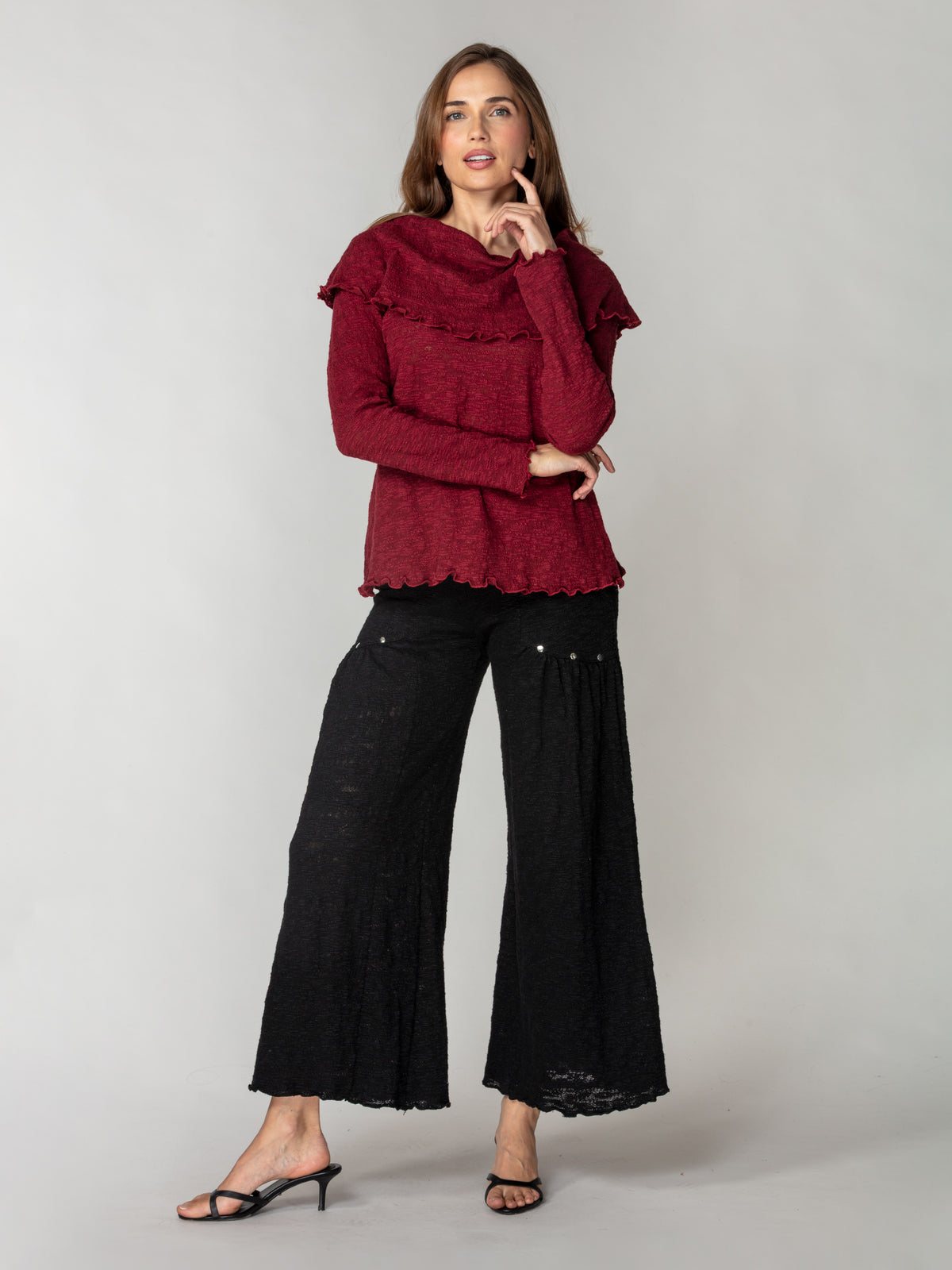 Jacquard Knit Drape-Neck Pullover