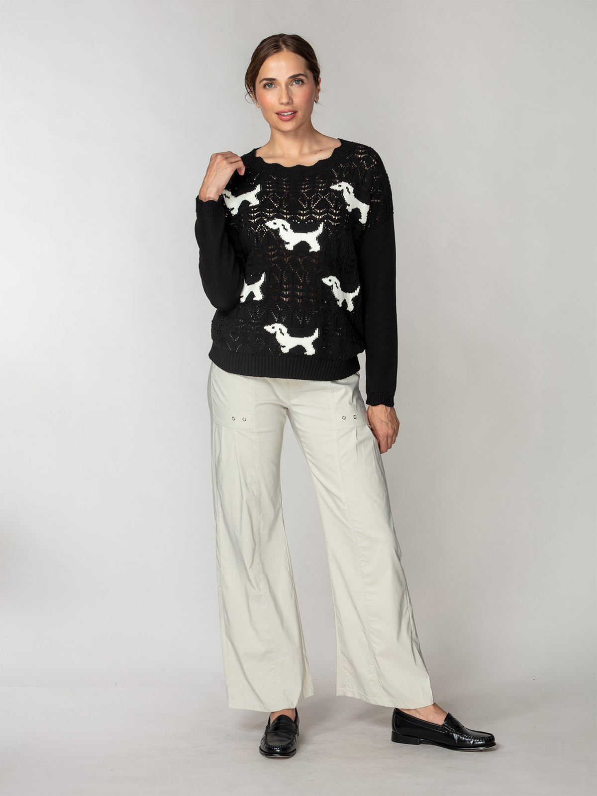 Dog Motif Pointelle Sweater