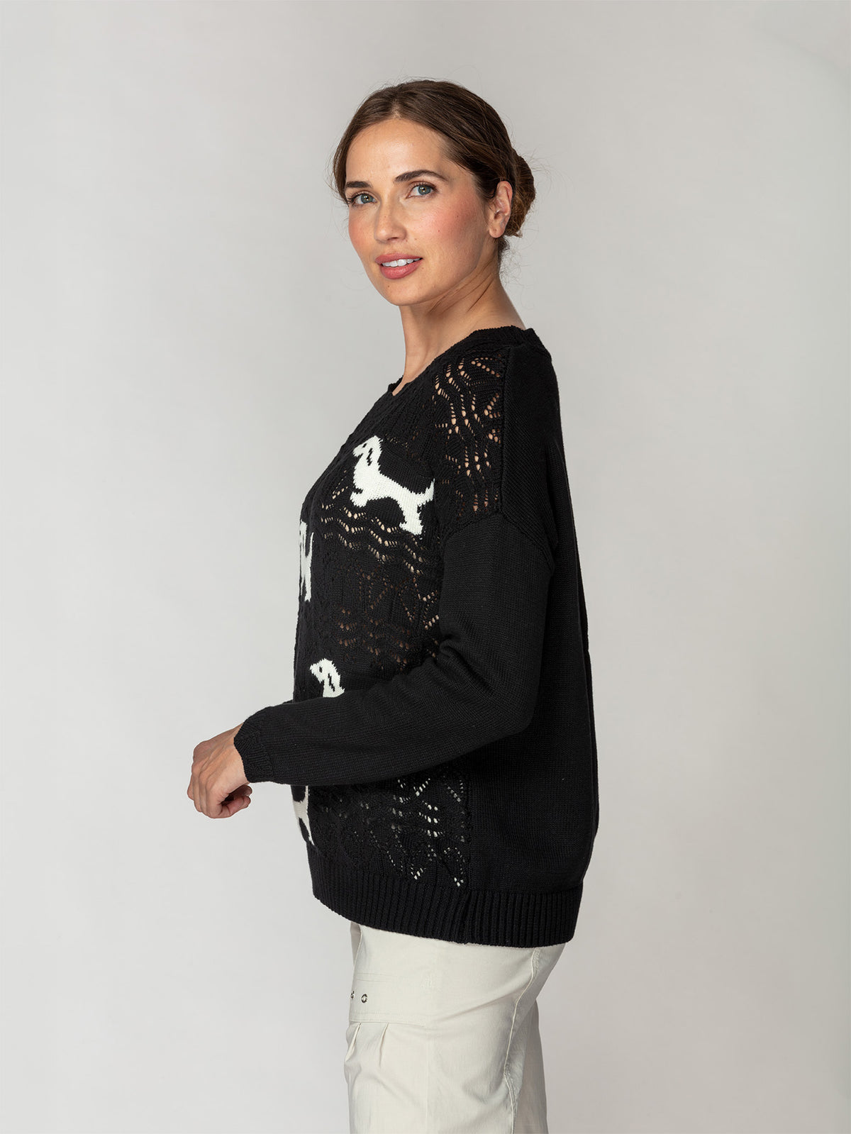 Dog Motif Pointelle Sweater