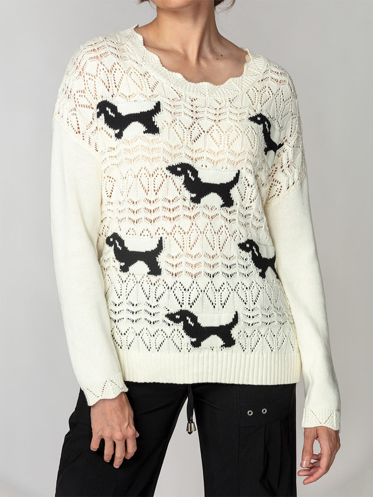 Dog Motif Pointelle Sweater