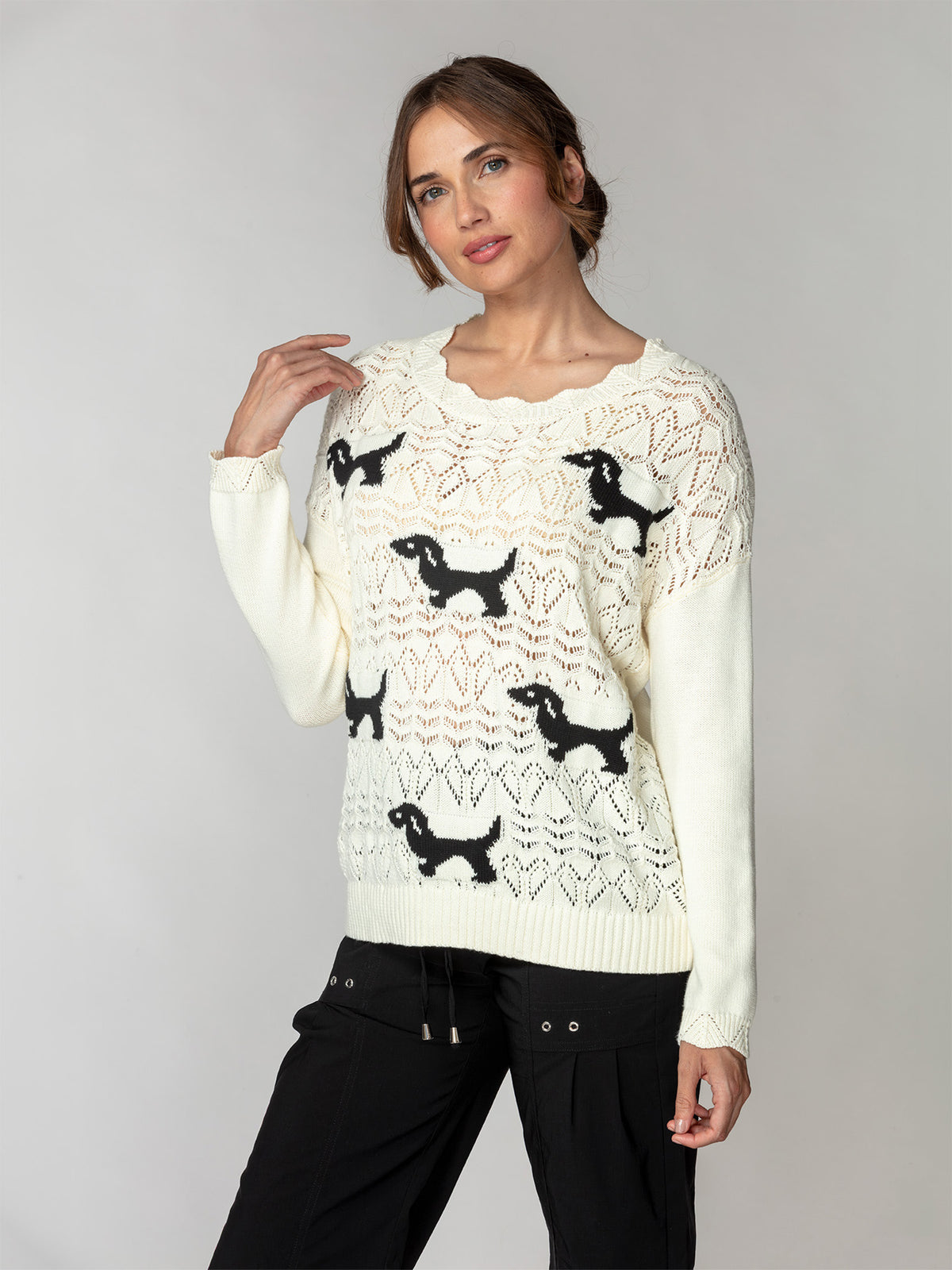 Dog Motif Pointelle Sweater