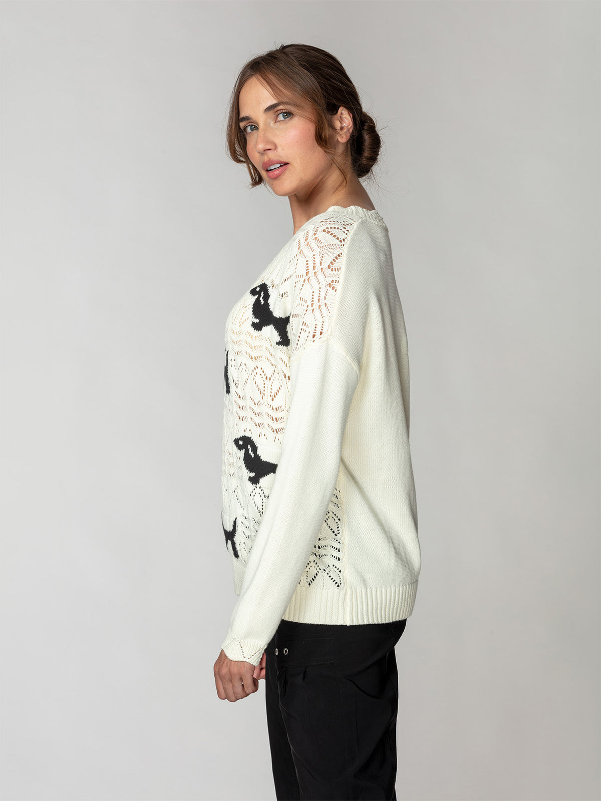 Dog Motif Pointelle Sweater