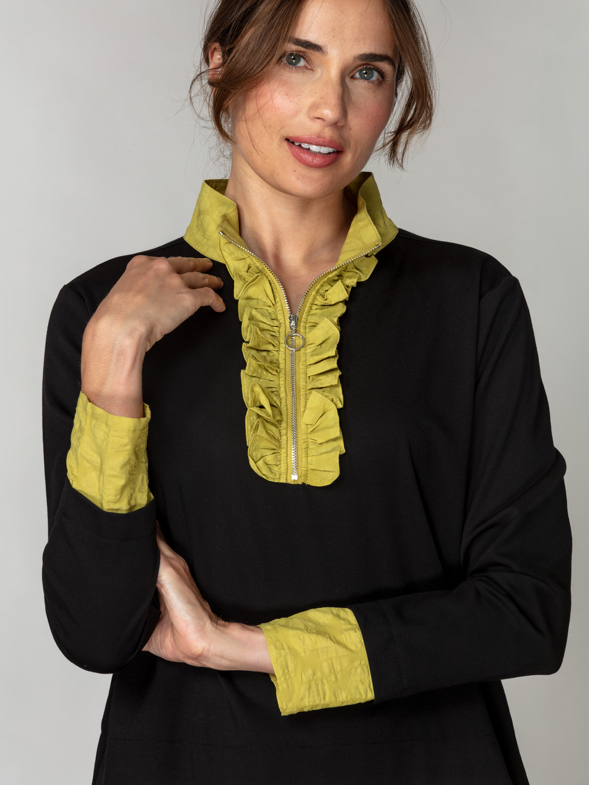 Contrast Ruffle Zip-Neck Top