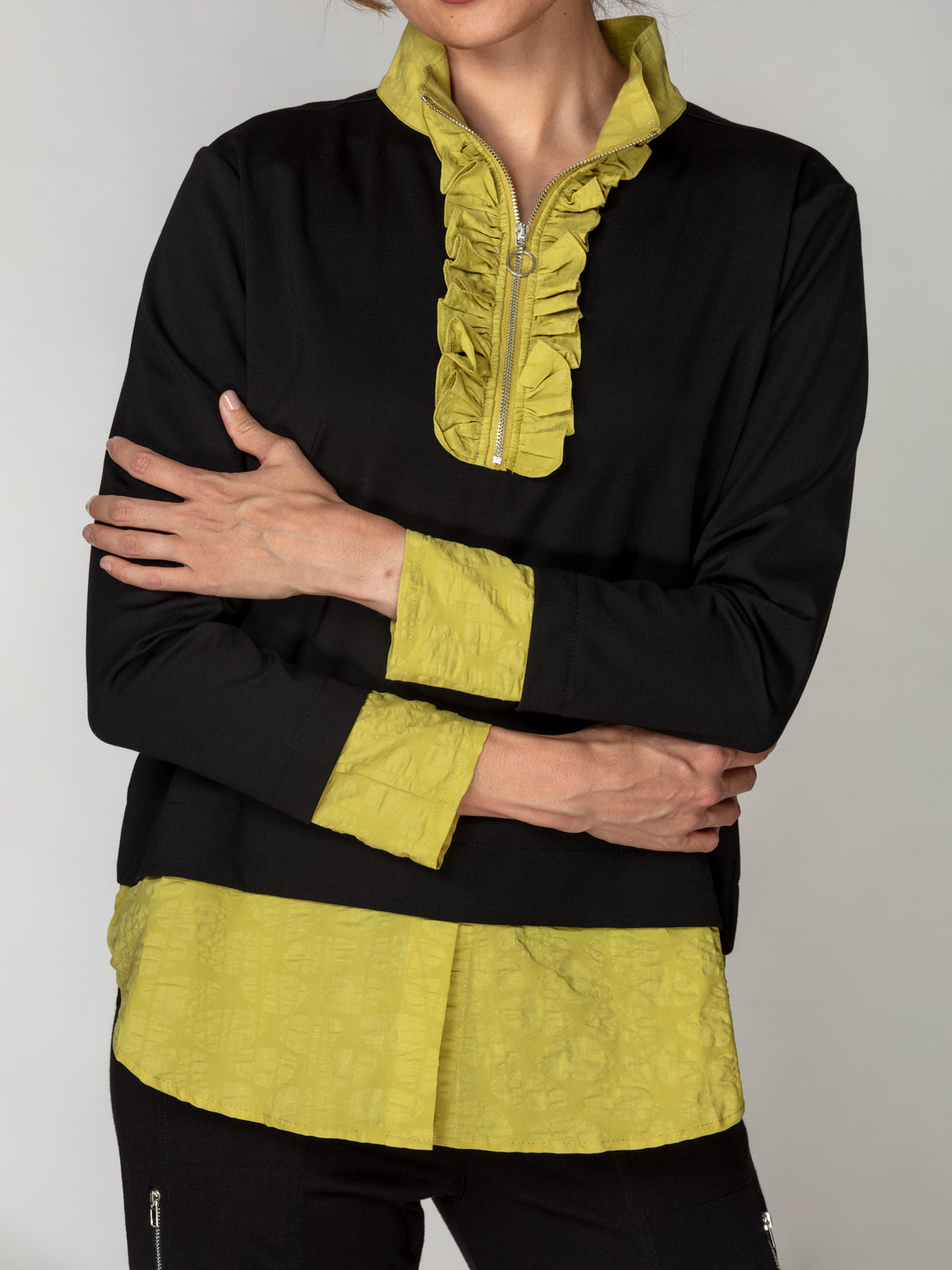Contrast Ruffle Zip-Neck Top