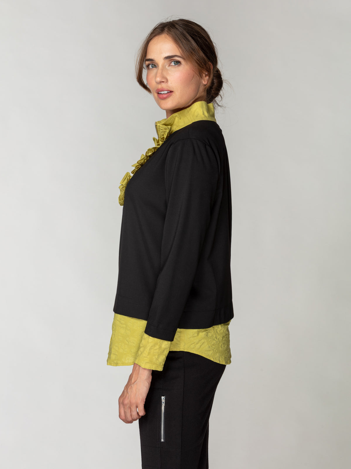 Contrast Ruffle Zip-Neck Top