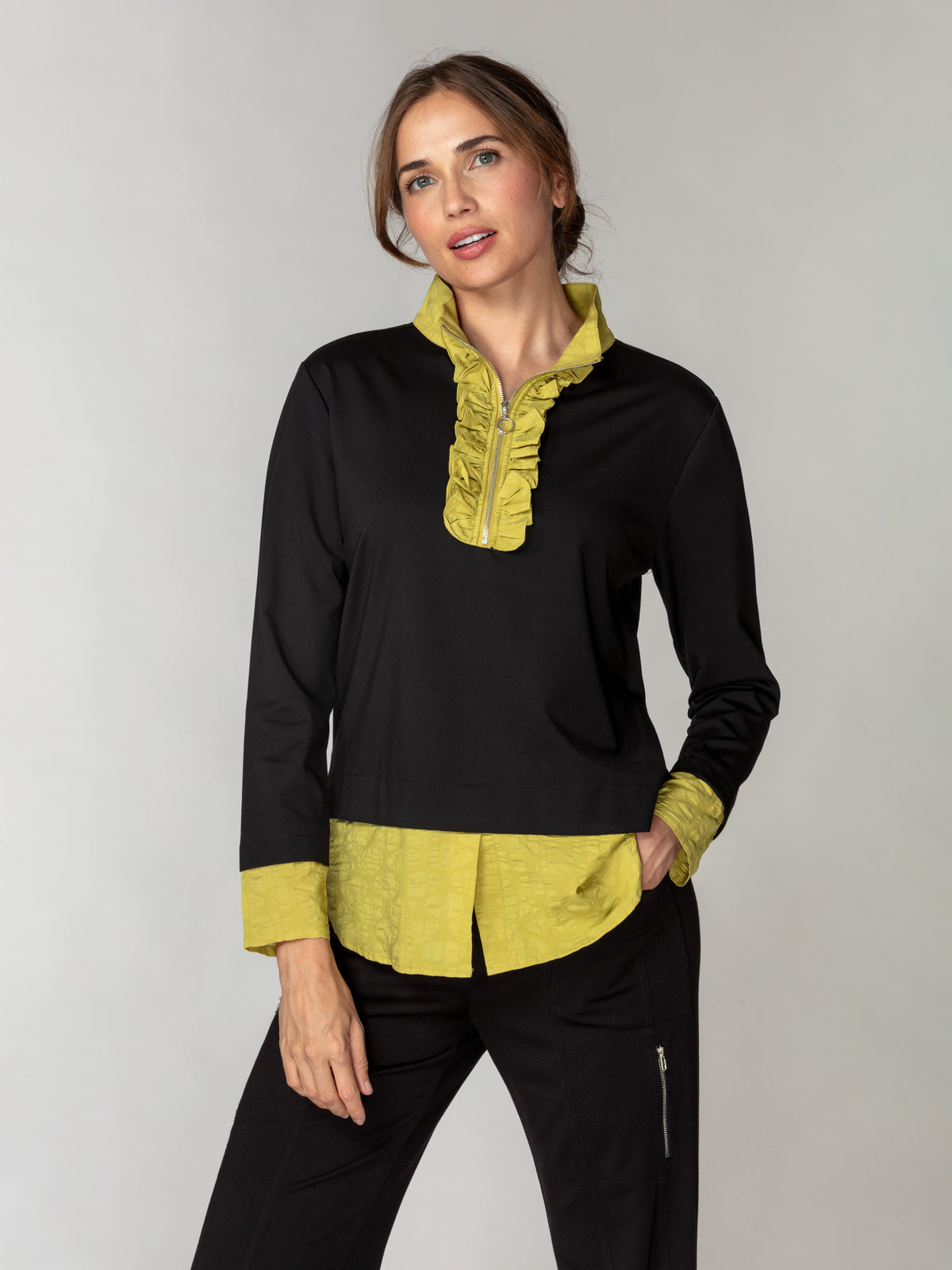 Contrast Ruffle Zip-Neck Top