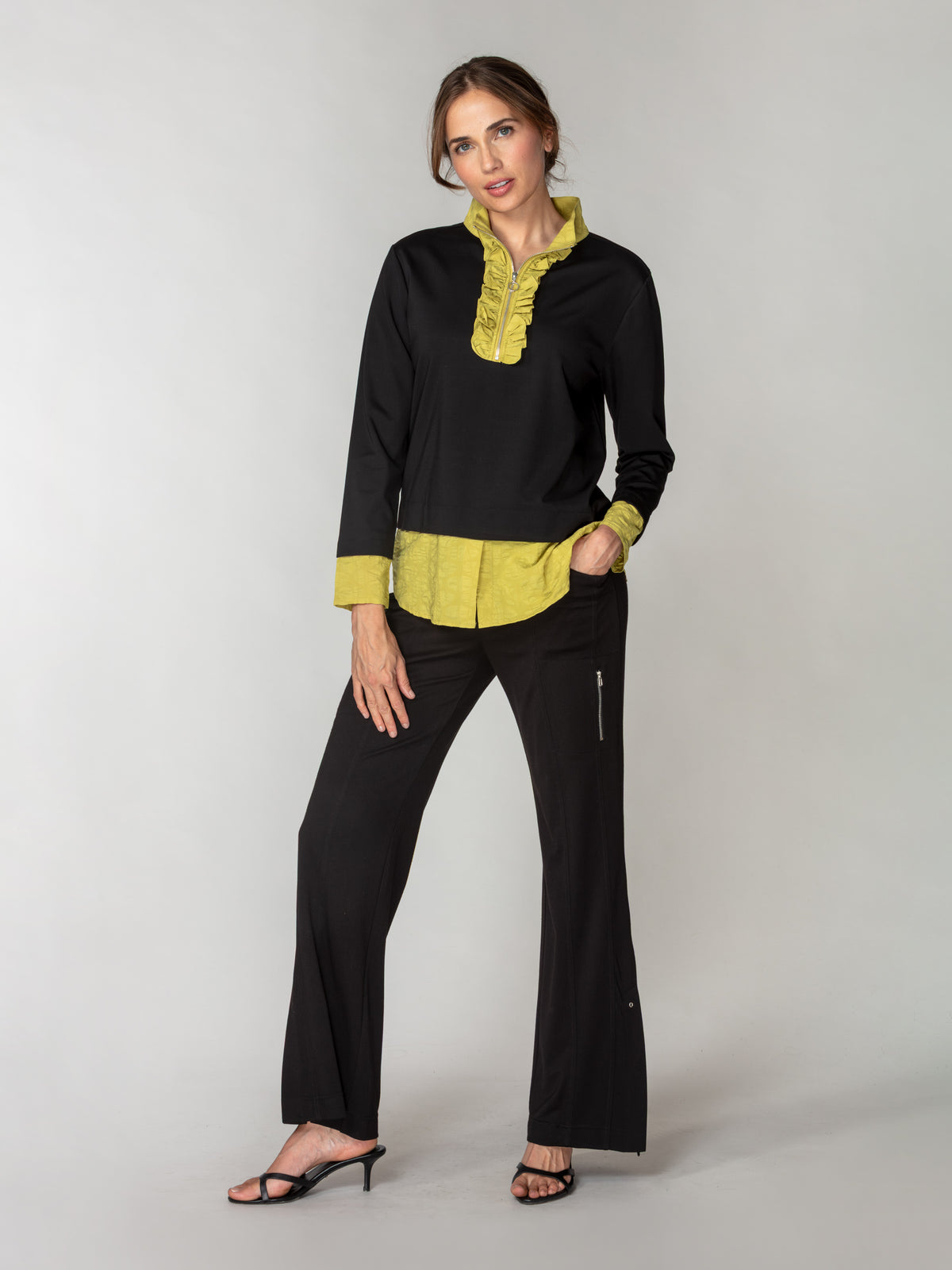 Contrast Ruffle Zip-Neck Top