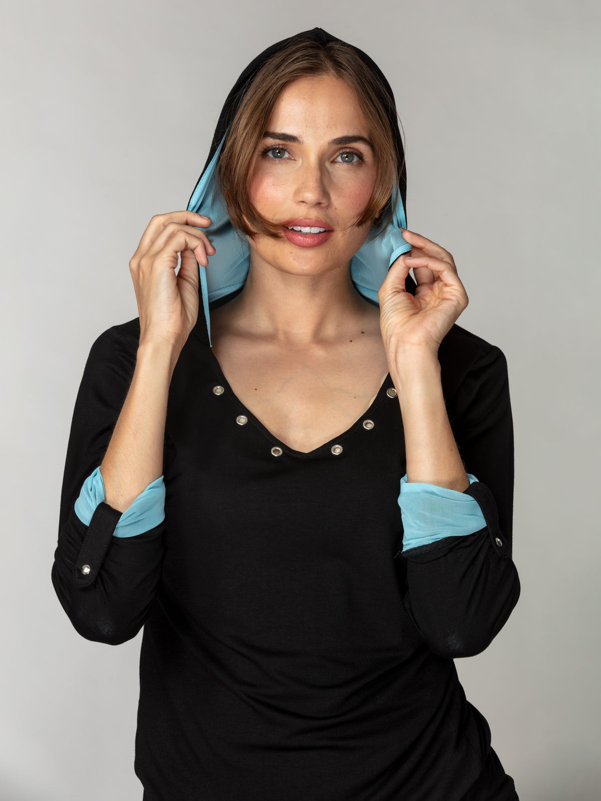 Contrast Lined Rivet Hoodie Top