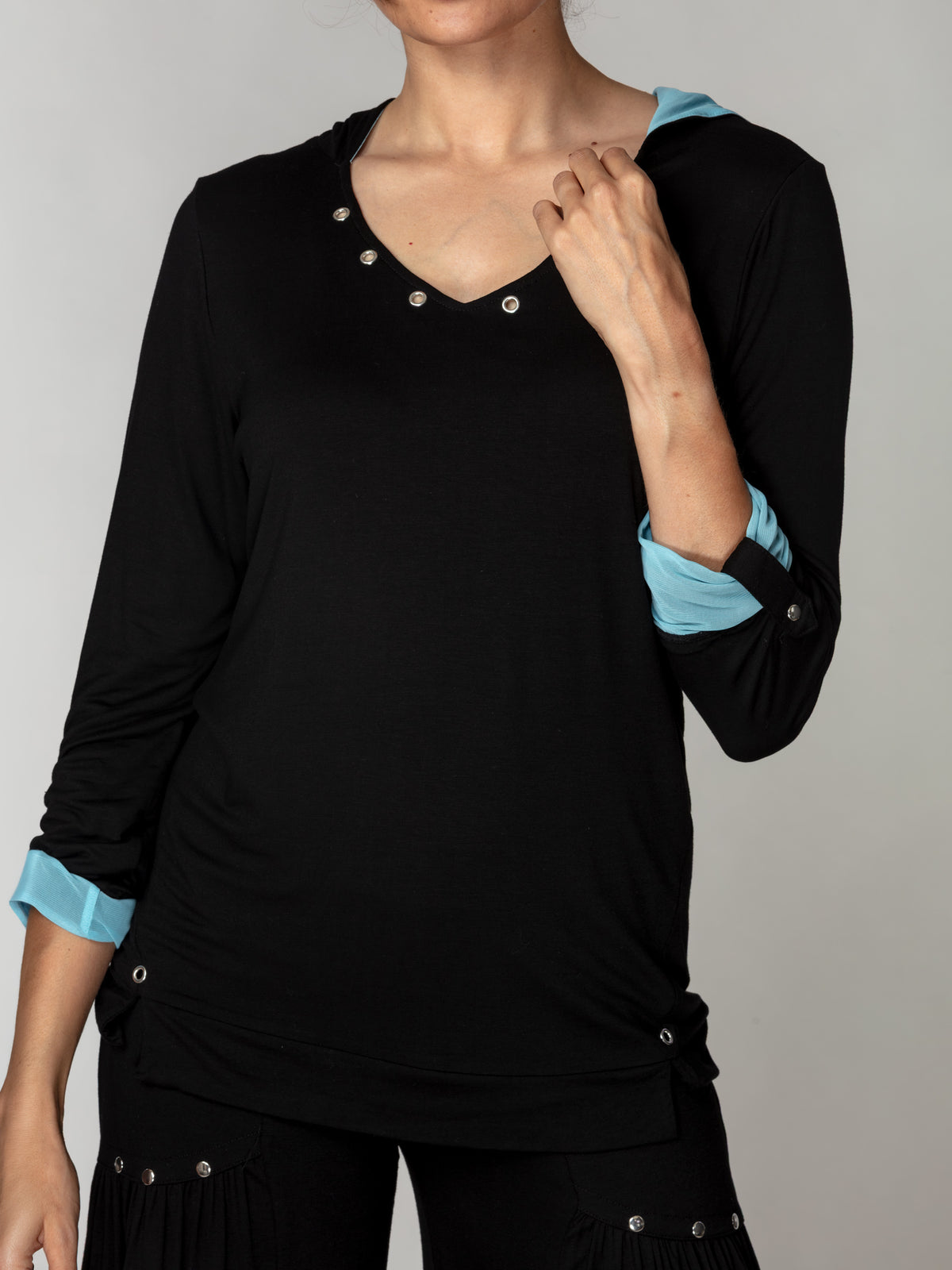 Contrast Lined Rivet Hoodie Top