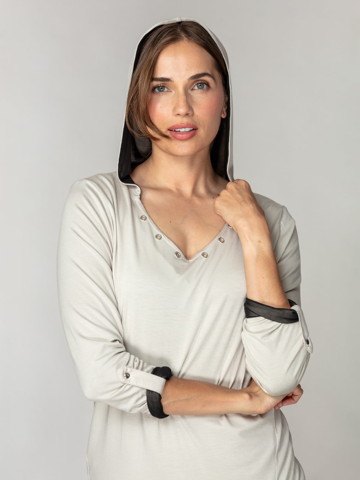 Contrast Lined Rivet Hoodie Top