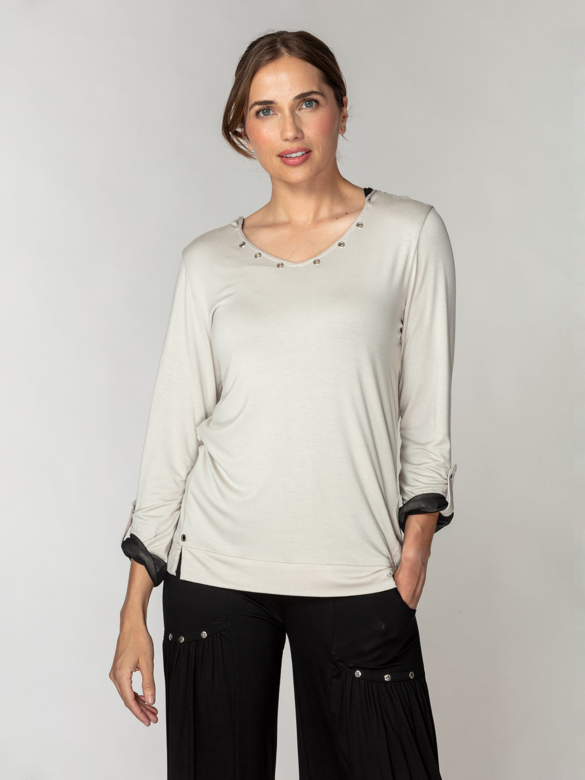Contrast Lined Rivet Hoodie Top