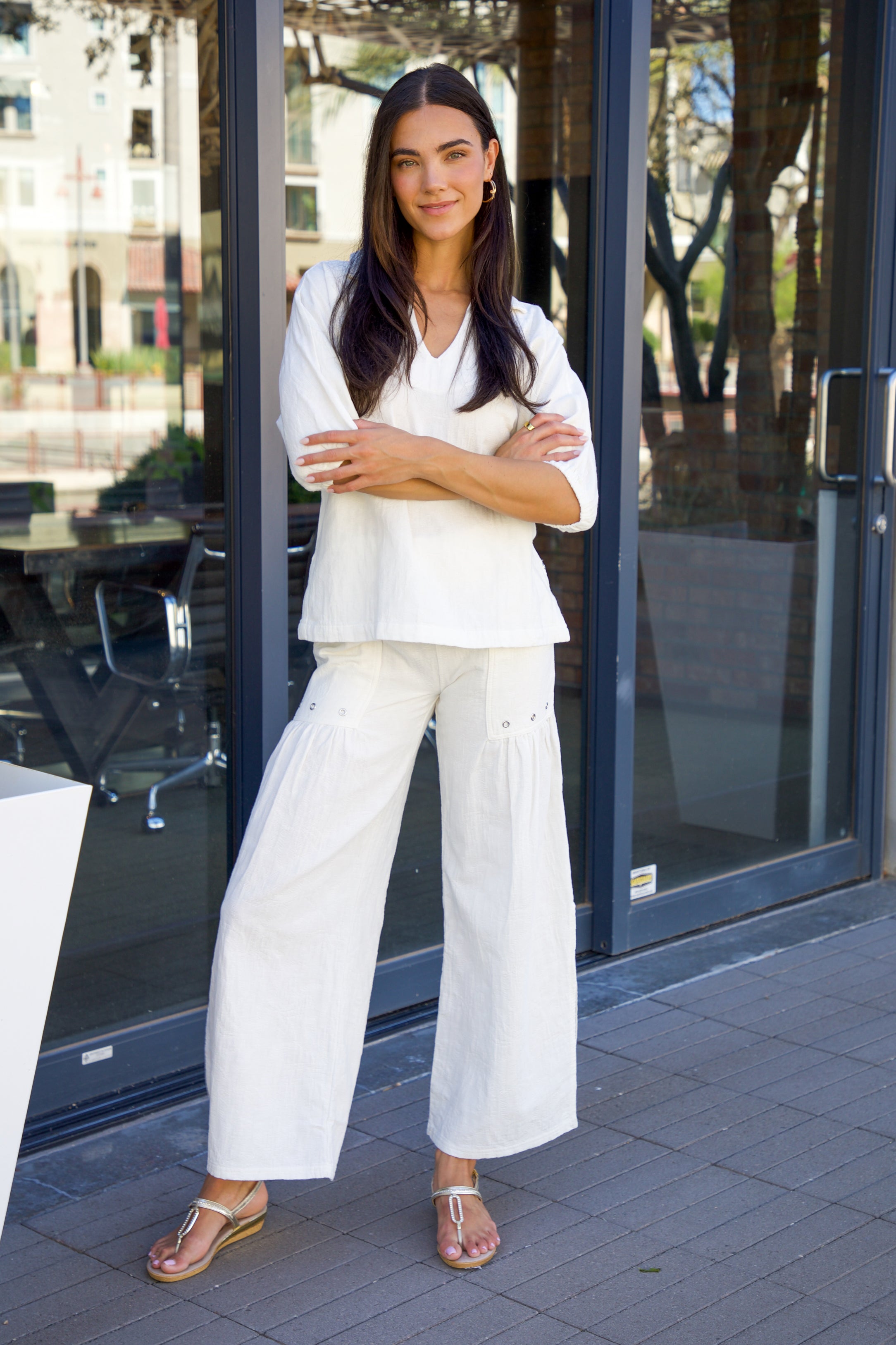 Textured Split Neck Matching Set - Ivory