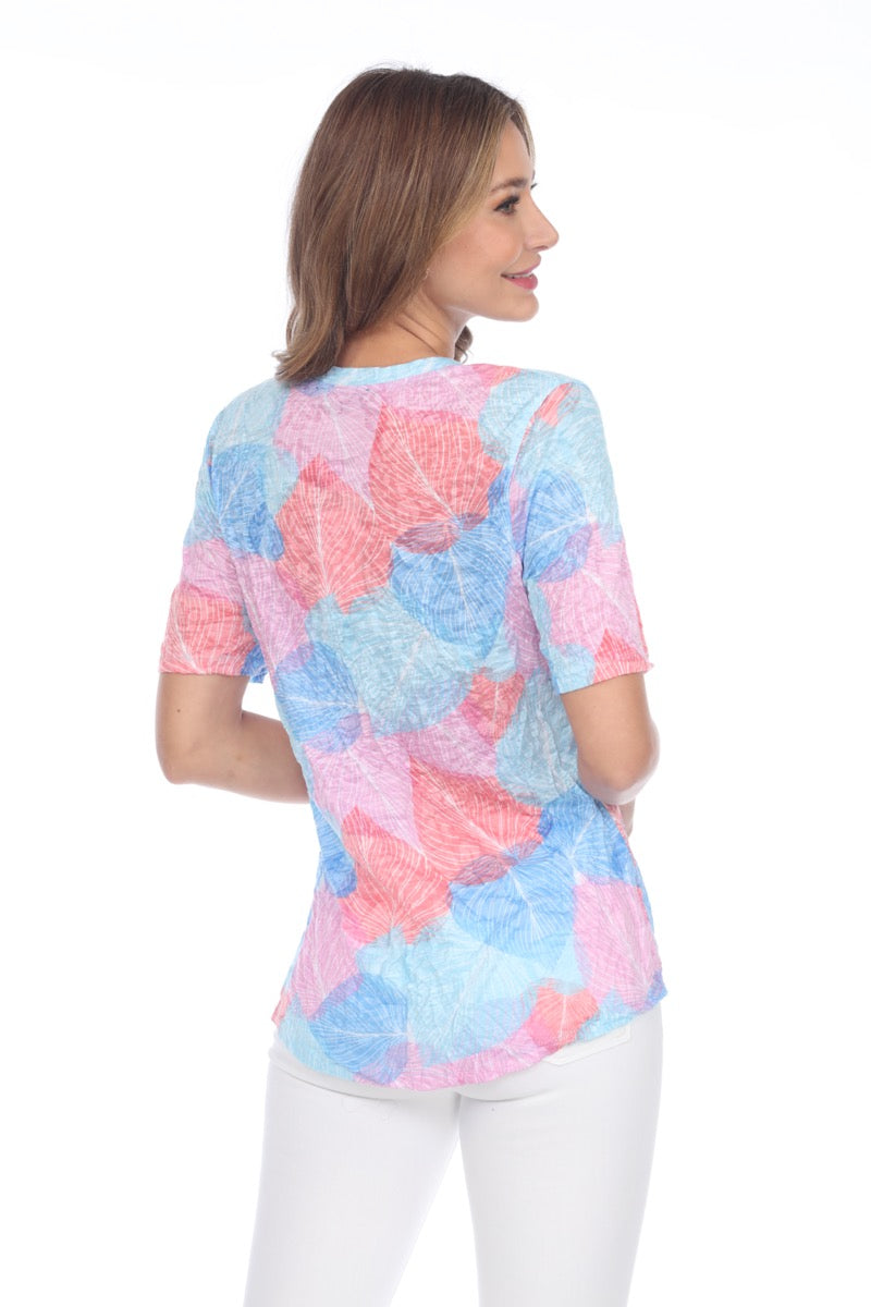 S/S V-Neck Top - Pastel Leaves - CARINE