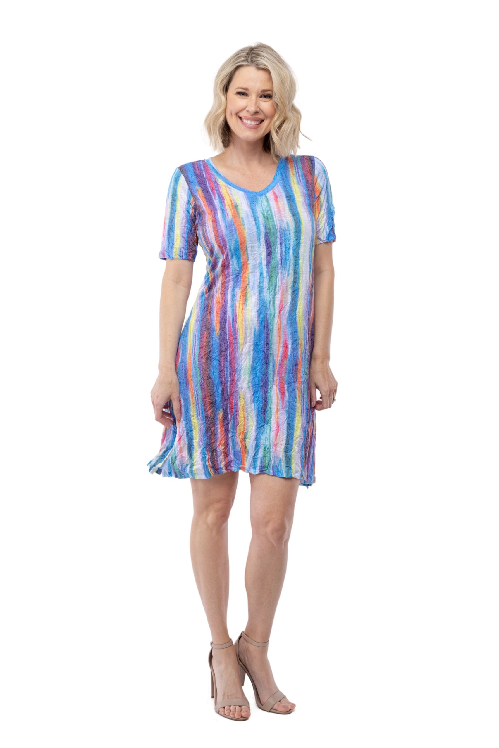 Short Sleeve Dress - Rainbow Stripe - CARINE