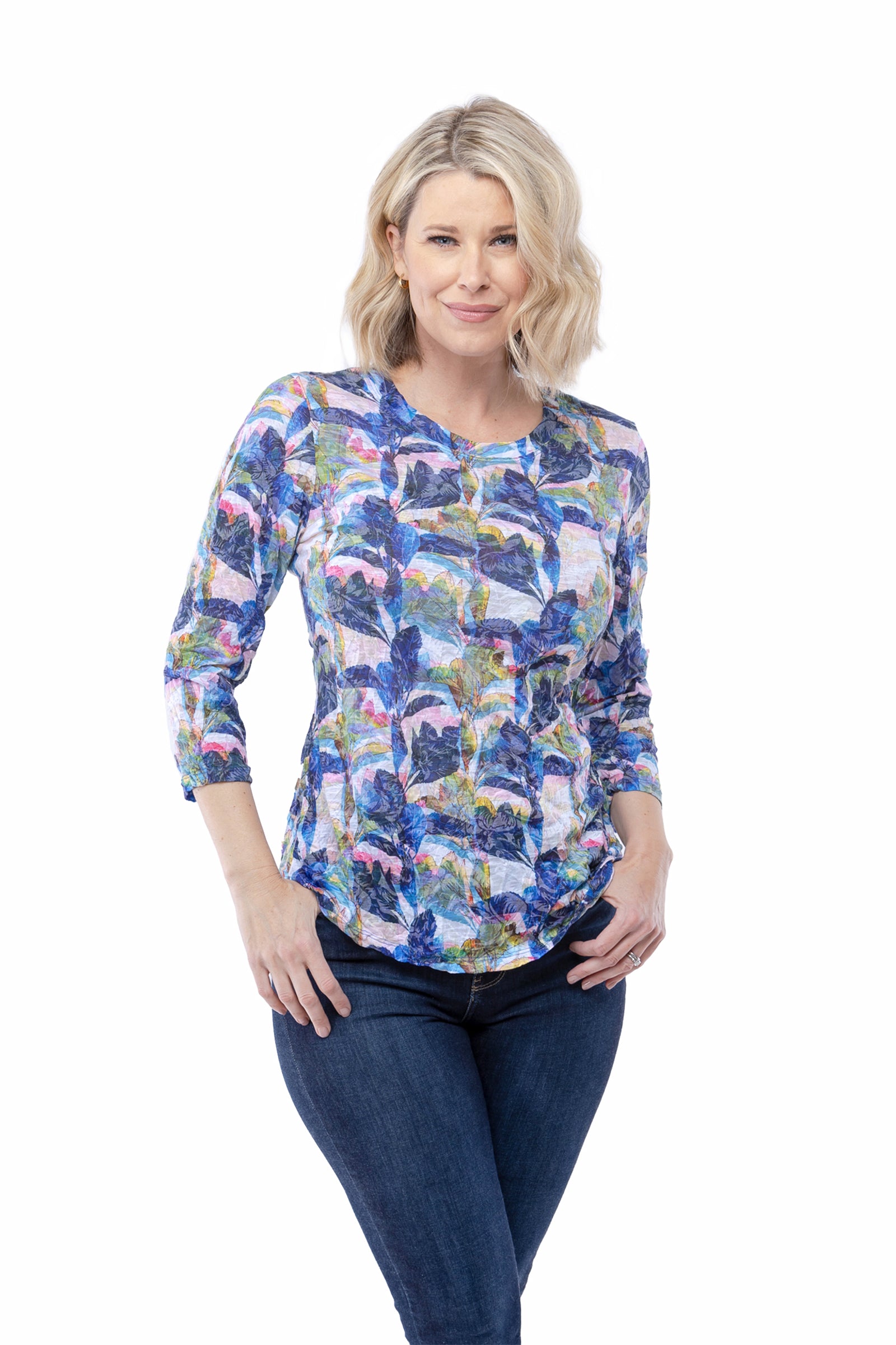 Round-Neck Top - Indigo Petals - CARINE