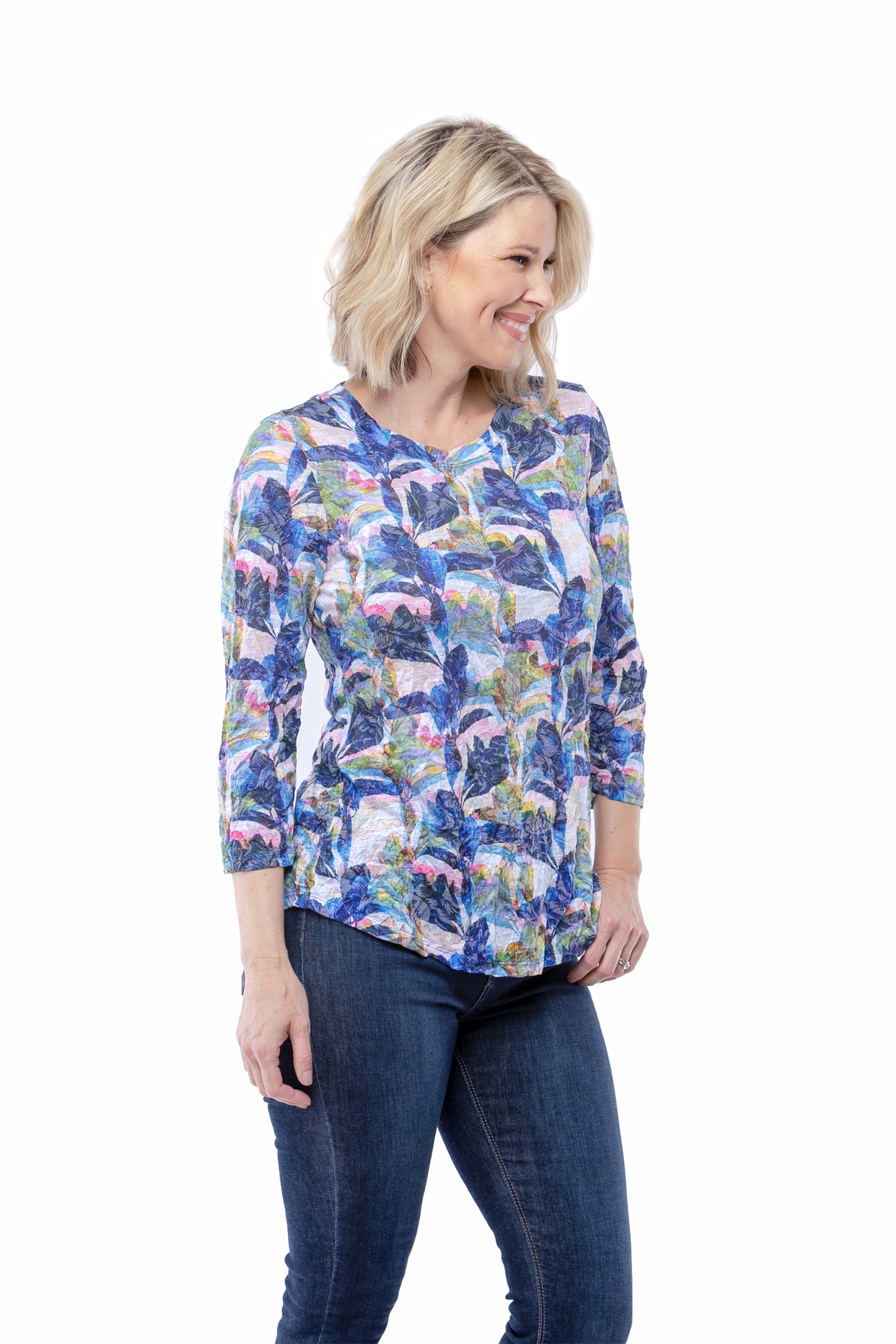 Round-Neck Top - Indigo Petals - CARINE